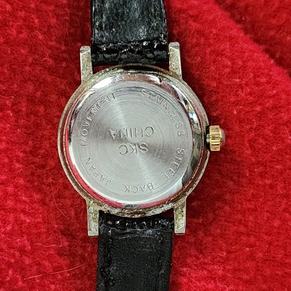 SKC Black Gold Tone Genuine Leather Embossed Strap Diamond Quartz SS Back Watch - Picture 15 of 16